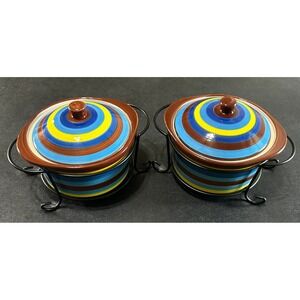 Temptations Mini Casserole Dishes SET/2 Striped Floral Lids & Wire Racks 9 oz‎